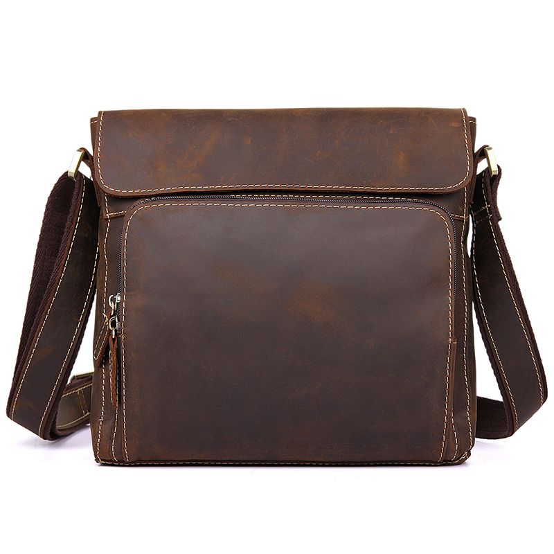 7051R Dark Brown Real Crazy Horse Leather Men's Messenger Sling Bag